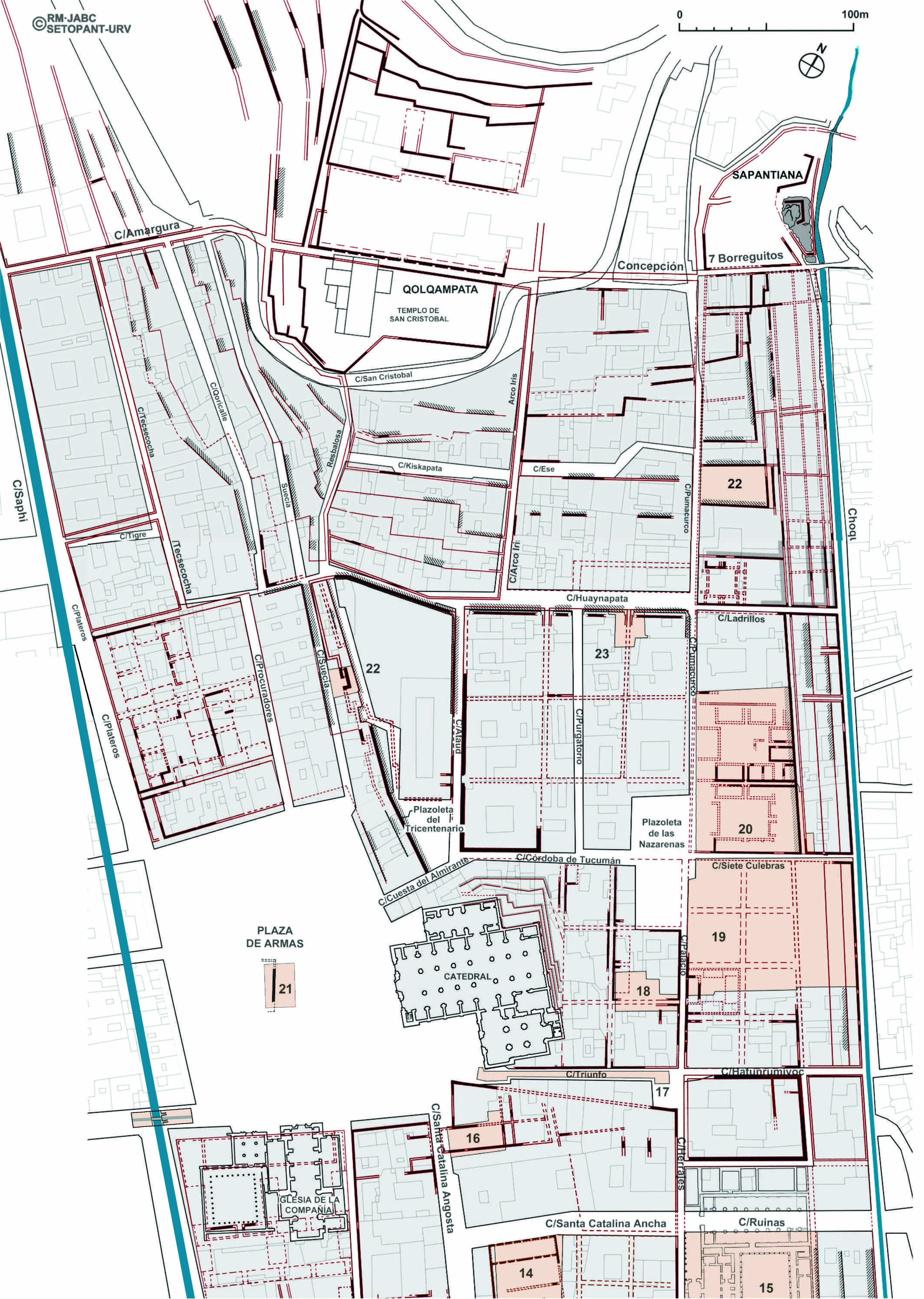 Figura 3.16 Plano Arqueológico del Centro Histórico del Cusco entre San Cristóbal y Awkaypata.